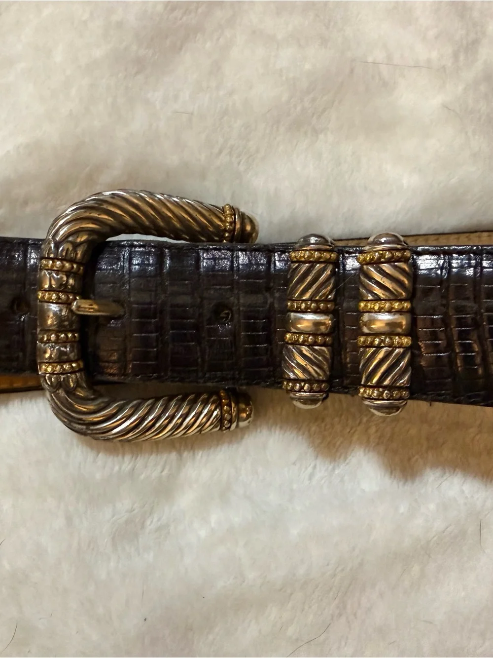 BrightTwo-Tone Gold & Silver Hoop Accent Black Leather Women’s Belt